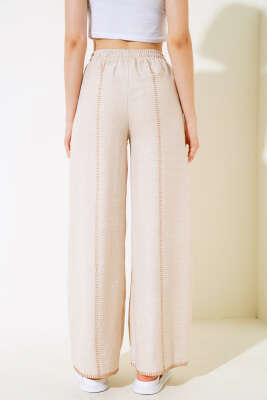 Nakış Detaylı Keten Pantolon Bej - Kadın Giyim Modelleri