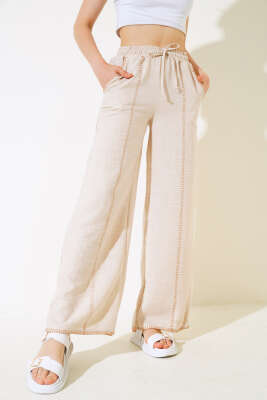 Nakış Detaylı Keten Pantolon Bej - Kadın Giyim Modelleri