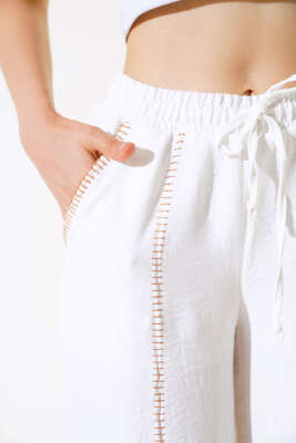 Nakış Detaylı Keten Pantolon Ekru - Kadın Giyim Modelleri