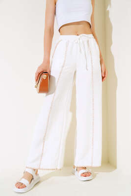 Nakış Detaylı Keten Pantolon Ekru - Kadın Giyim Modelleri