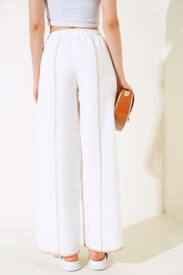 Nakış Detaylı Keten Pantolon Ekru - Kadın Giyim Modelleri