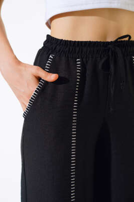 Nakış Detaylı Keten Pantolon Siyah - Kadın Giyim Modelleri