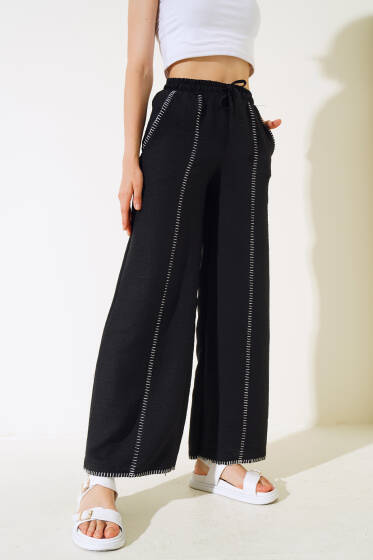 Nakış Detaylı Keten Pantolon Siyah - Kadın Giyim Modelleri