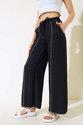 Nakış Detaylı Keten Pantolon Siyah - Kadın Giyim Modelleri