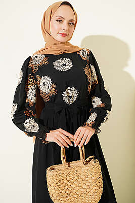 Nakış Detaylı Şifon Elbise Camel - Fendel