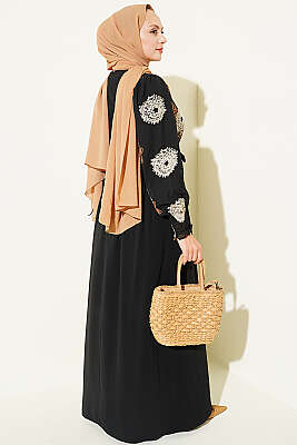 Nakış Detaylı Şifon Elbise Camel - Fendel