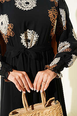 Nakış Detaylı Şifon Elbise Camel - Fendel