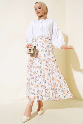 Nakış Detaylı Şifon Etek Hardal - Uzun Etek