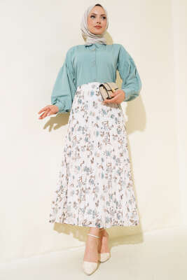 Nakış Detaylı Şifon Etek Petrol - Uzun Etek