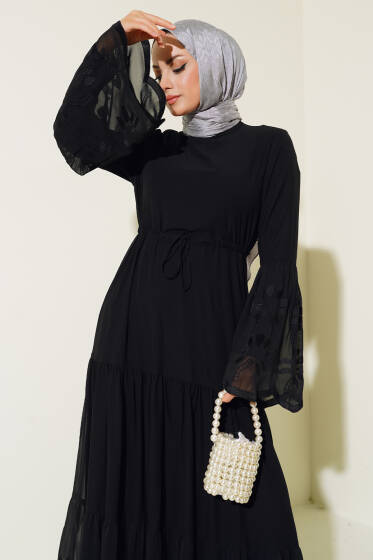 Nakış Detaylı Tül Elbise Siyah - Tesettür Elbise