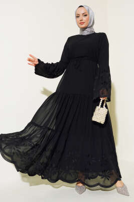 Nakış Detaylı Tül Elbise Siyah - Tesettür Elbise