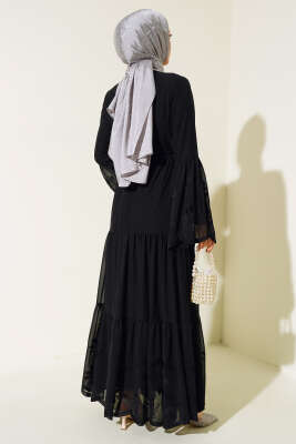 Nakış Detaylı Tül Elbise Siyah - Tesettür Elbise