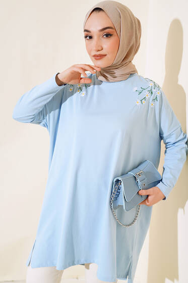 Nakış Detaylı Tunik Buz Mavisi - Tunik