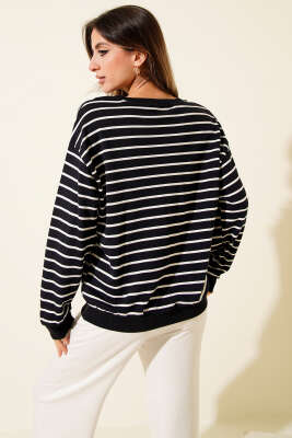 Nakış Detaylı Yatay Çizgili Sweatshirt Lacivert - Kadın Giyim Modelleri