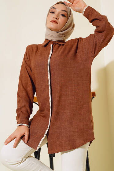 Nakış İşleme Detaylı Gömlek Kahve - Gömlek