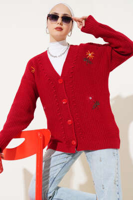 Nakış İşlemeli Düğmeli Triko Hırka Bordo - Triko Hırka