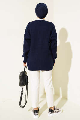 Nakış İşlemeli Düğmeli Triko Hırka Lacivert - Triko Hırka