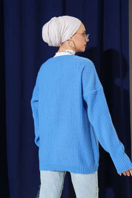 Nakış İşlemeli Düğmeli Triko Hırka Mavi - Triko Hırka