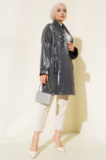 Nakış İşlemeli Parlak Kimono Füme - Hırka
