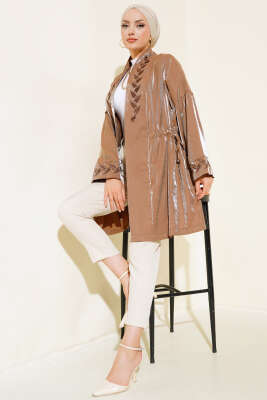 Nakış İşlemeli Parlak Kimono Kahve - 500-700 TL Ürünler