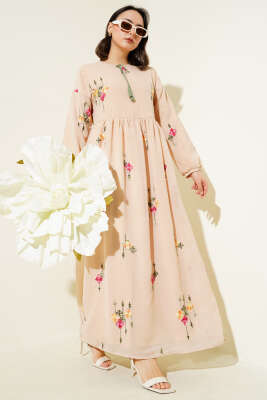 Nakış İşlemeli Şifon Elbise Bej - FASHİON FOX