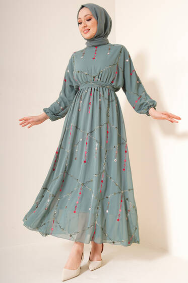 Nakış İşlemeli Şifon Elbise Çağla Yeşili - Tesettür Elbise