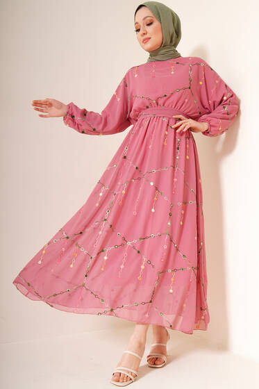 Nakış İşlemeli Şifon Elbise Gül Kurusu - Tesettür Elbise