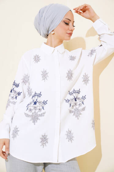 Nakış ve Pul İşlemeli Gömlek Ekru - Gömlek