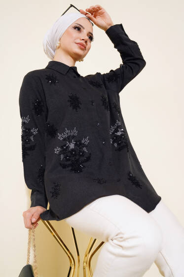 Nakış ve Pul İşlemeli Gömlek Siyah - Gömlek