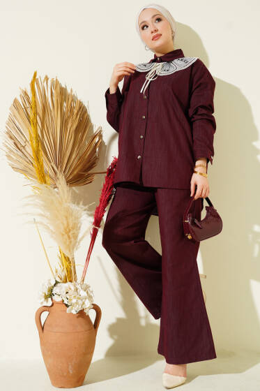 Nakışlı Bebe Yaka Düğmeli İkili Takım Bordo - İkili Takım