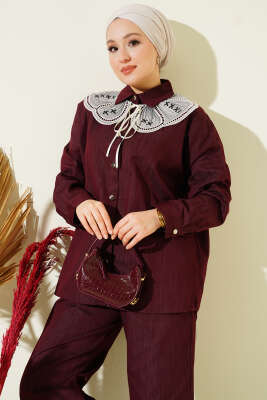 Nakışlı Bebe Yaka Düğmeli İkili Takım Bordo - İkili Takım