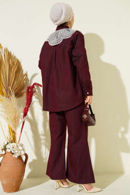 Nakışlı Bebe Yaka Düğmeli İkili Takım Bordo - İkili Takım