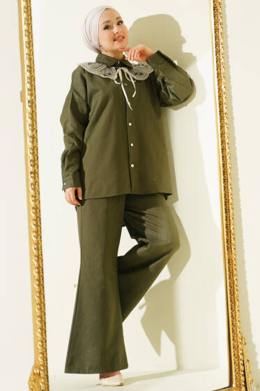 Nakışlı Bebe Yaka Düğmeli İkili Takım Haki - İkili Takım