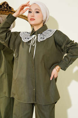 Nakışlı Bebe Yaka Düğmeli İkili Takım Haki - İkili Takım