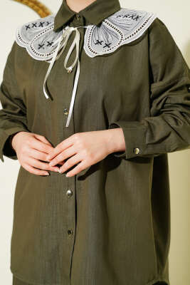 Nakışlı Bebe Yaka Düğmeli İkili Takım Haki - İkili Takım