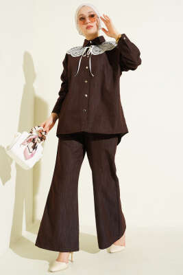 Nakışlı Bebe Yaka Düğmeli İkili Takım Kahve - HATUN