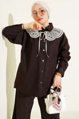 Nakışlı Bebe Yaka Düğmeli İkili Takım Kahve - İkili Takım