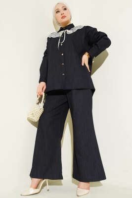 Nakışlı Bebe Yaka Düğmeli İkili Takım Lacivert - HATUN