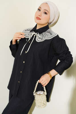 Nakışlı Bebe Yaka Düğmeli İkili Takım Lacivert - İkili Takım