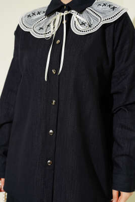 Nakışlı Bebe Yaka Düğmeli İkili Takım Lacivert - İkili Takım