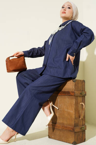 Nakışlı Bebe Yaka Düğmeli İkili Takım Mavi - İkili Takım