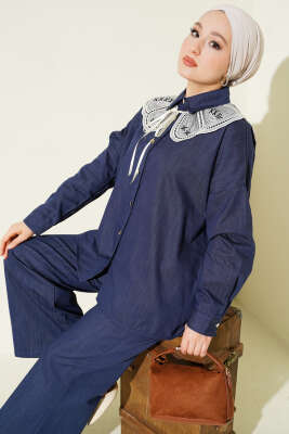 Nakışlı Bebe Yaka Düğmeli İkili Takım Mavi - İkili Takım