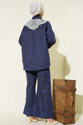 Nakışlı Bebe Yaka Düğmeli İkili Takım Mavi - İkili Takım