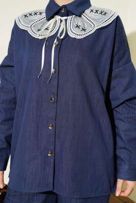 Nakışlı Bebe Yaka Düğmeli İkili Takım Mavi - İkili Takım