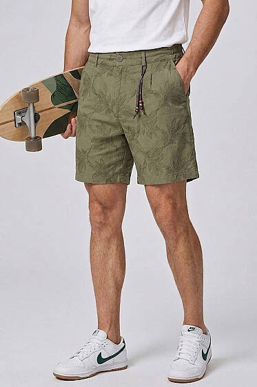 Nakışlı Bel Lastikli Erkek Şort Haki - ERKEK ŞORT