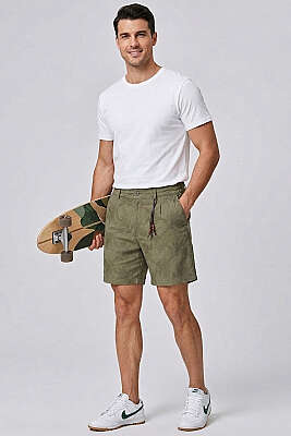 Nakışlı Bel Lastikli Erkek Şort Haki - ERKEK ŞORT