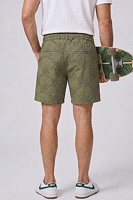 Nakışlı Bel Lastikli Erkek Şort Haki - ERKEK ŞORT