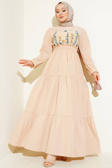 Nakışlı Bel Lastikli Kat Kat Elbise Bej - Elbise