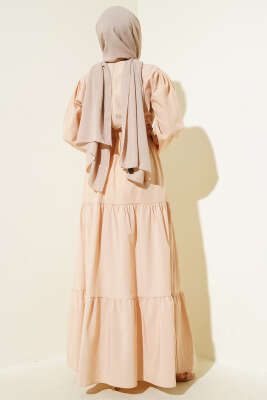 Nakışlı Bel Lastikli Kat Kat Elbise Bej - Tesettür Elbise