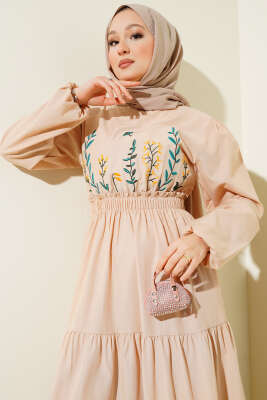 Nakışlı Bel Lastikli Kat Kat Elbise Bej - Tesettür Elbise